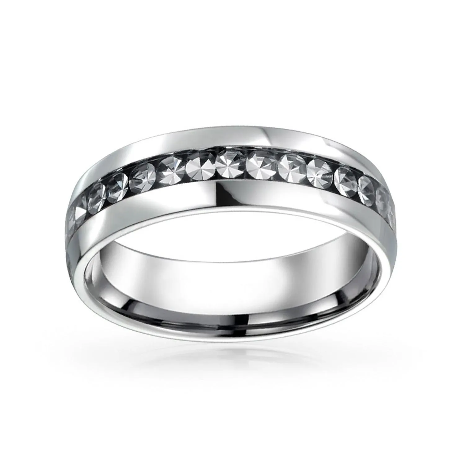 Channel Set Crystal Eternity Band Ring Stainless Steel Birthstone Month 6mm