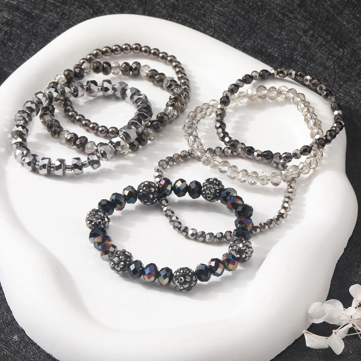 Clay Beaded Bracelets, White Pink Preppy Bracelets Gray Preppy Bracelet Black Bracelets Boho Multi-Layer Beaded Crystal Bracelets, Bohemian Stackable Bead Bracelet Set Jewelry for Women