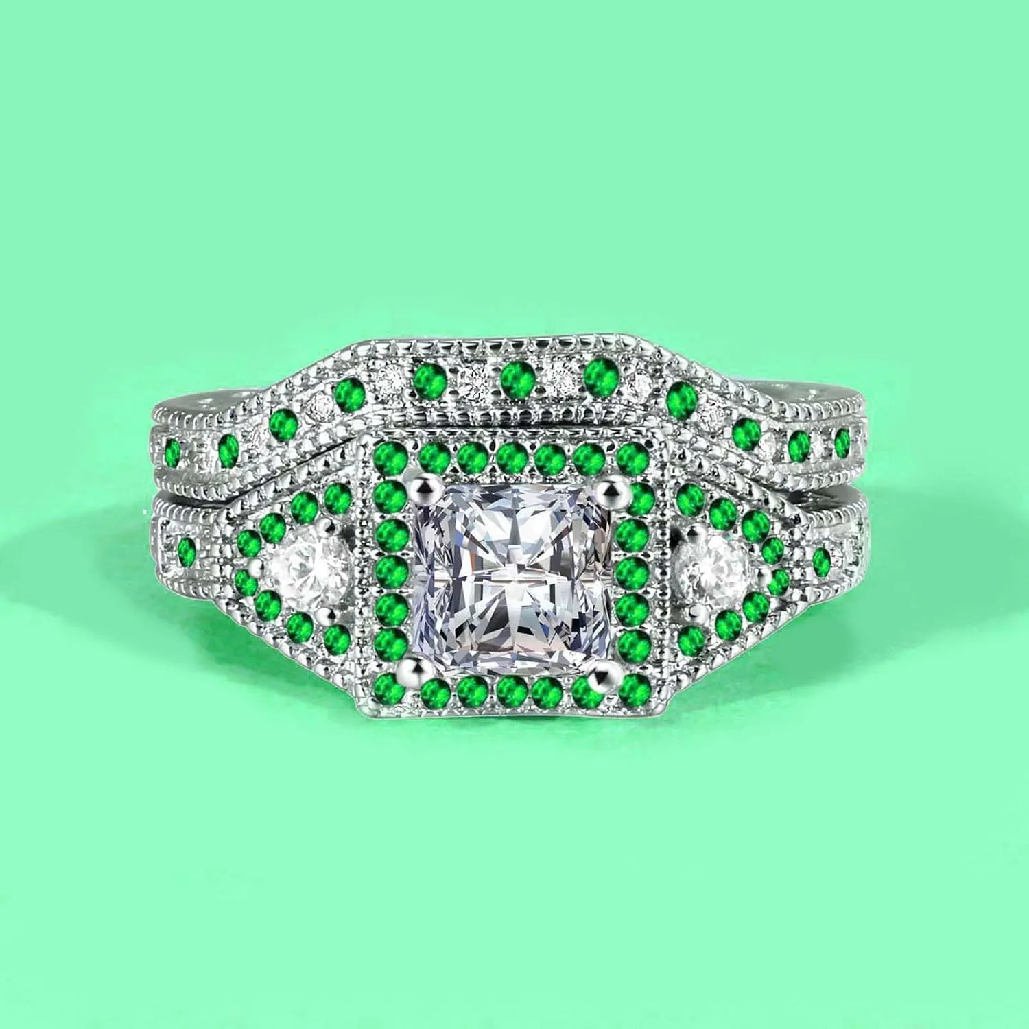 Couple Rings White Gold Plated 925 Sterling Silver Ring Green 1CT Square CZ Women Wedding Ring Sets Men Titanium Steel Ring