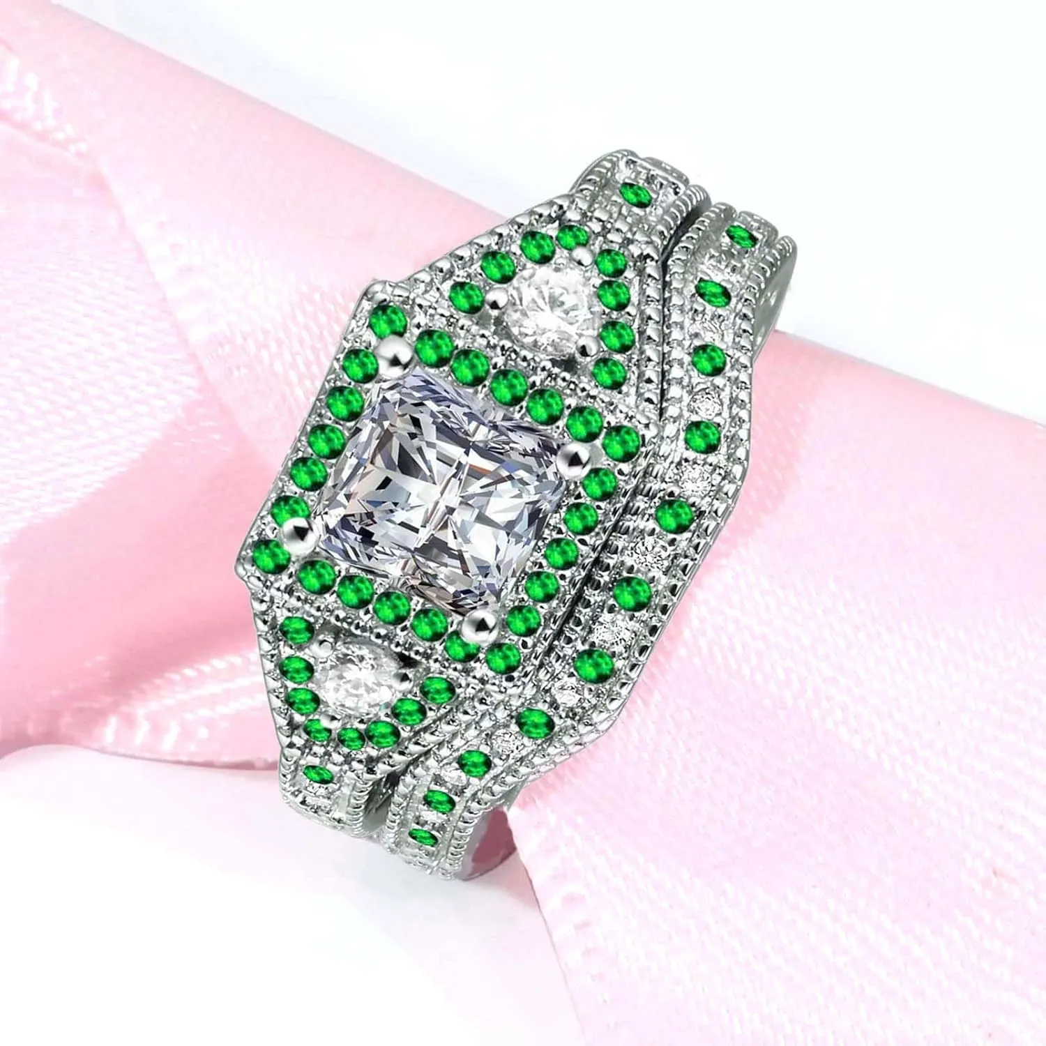 Couple Rings White Gold Plated 925 Sterling Silver Ring Green 1CT Square CZ Women Wedding Ring Sets Men Titanium Steel Ring