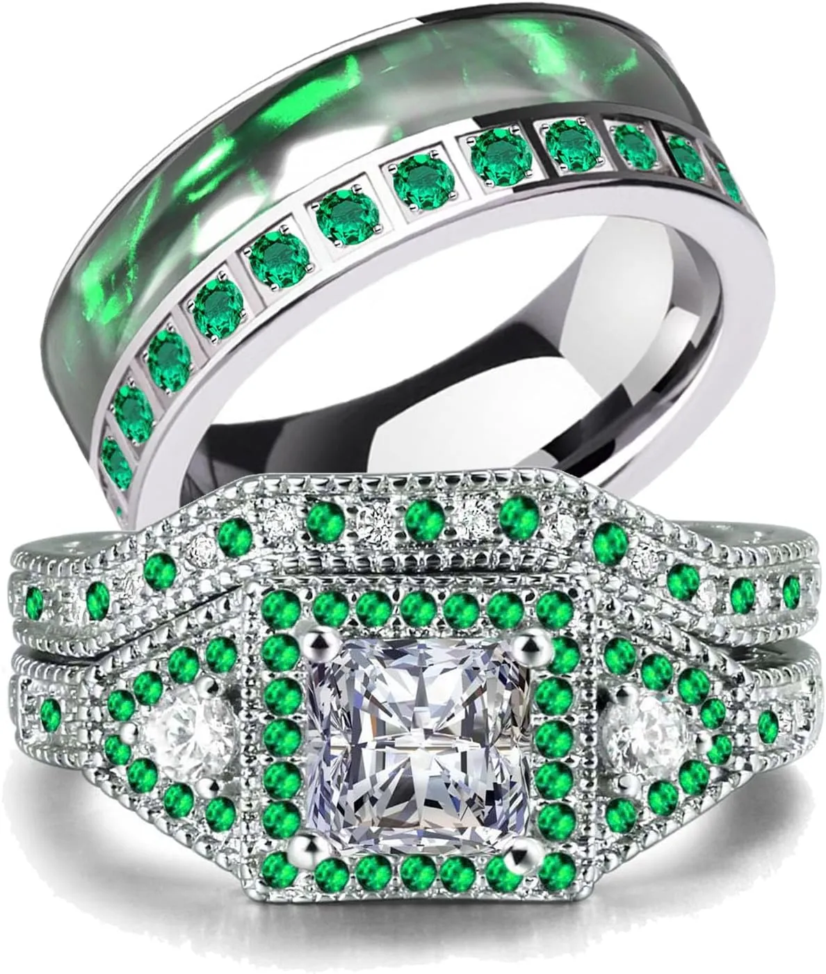 Couple Rings White Gold Plated 925 Sterling Silver Ring Green 1CT Square CZ Women Wedding Ring Sets Men Titanium Steel Ring