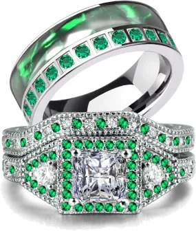 Couple Rings White Gold Plated 925 Sterling Silver Ring Green 1CT Square CZ Women Wedding Ring Sets Men Titanium Steel Ring