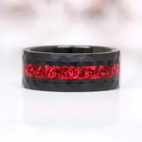 Elegant Black Tungsten Wedding Band with Crushed Red Garnet - 8MM