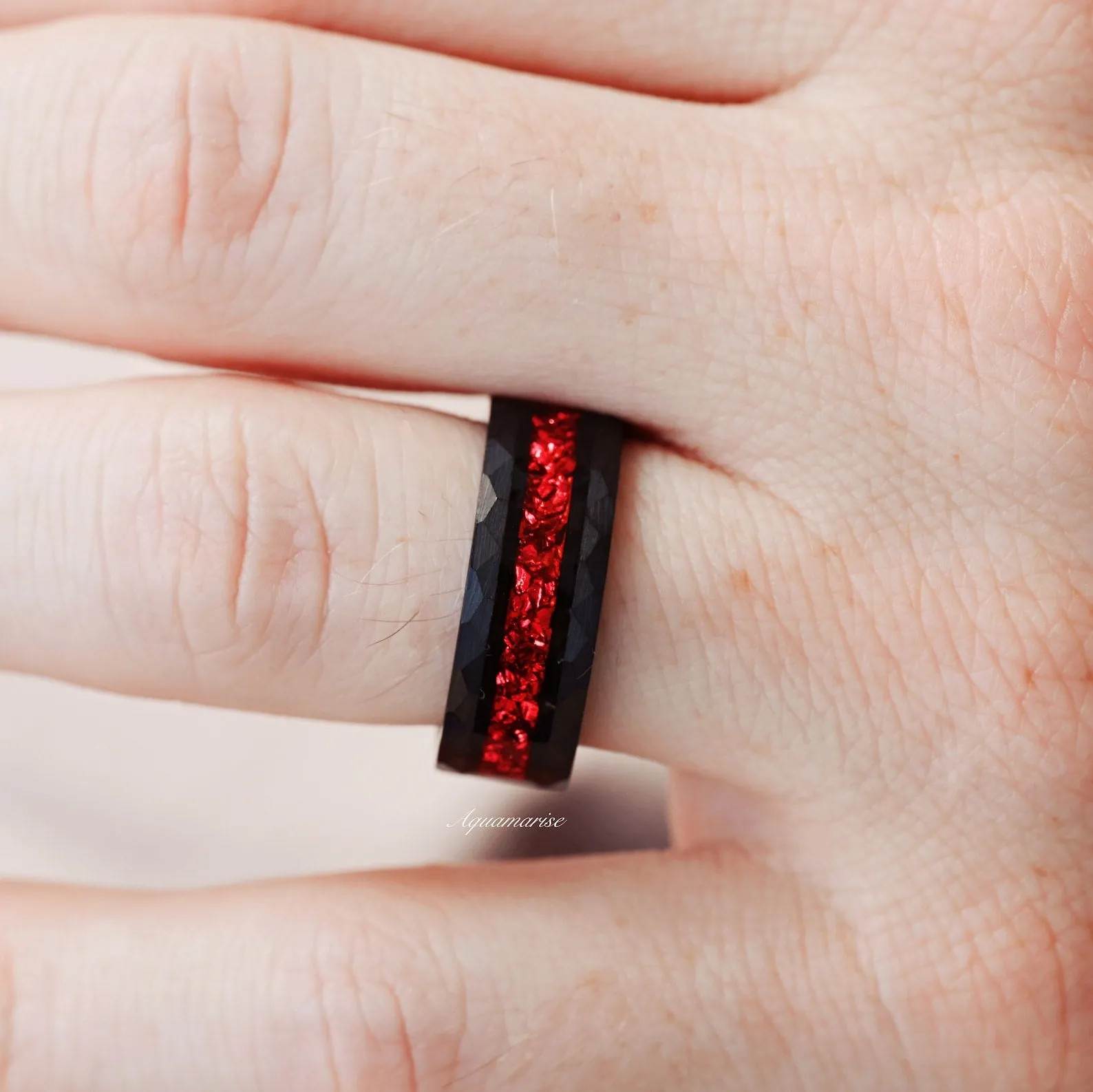 Elegant Black Tungsten Wedding Band with Crushed Red Garnet - 8MM