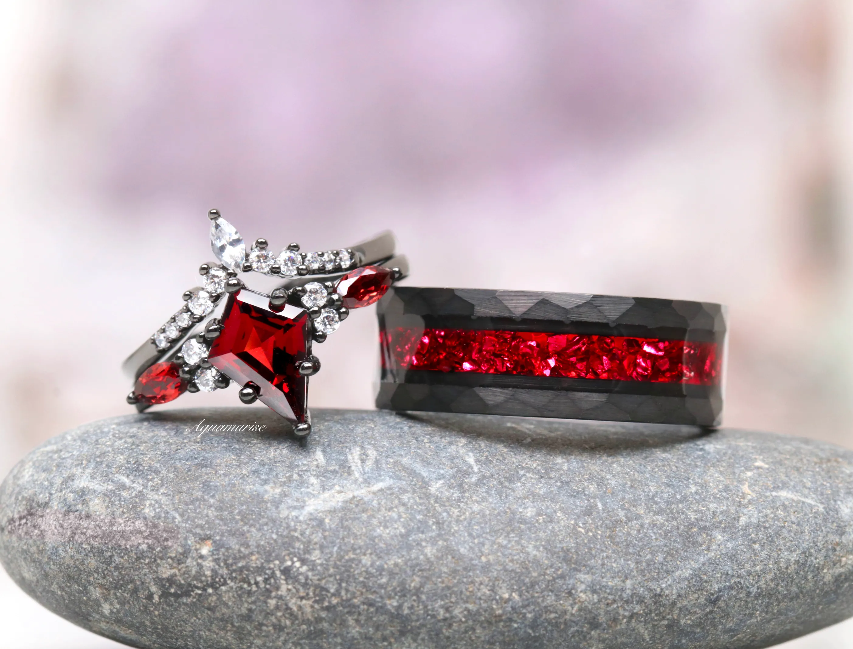 Elegant Black Tungsten Wedding Band with Crushed Red Garnet - 8MM
