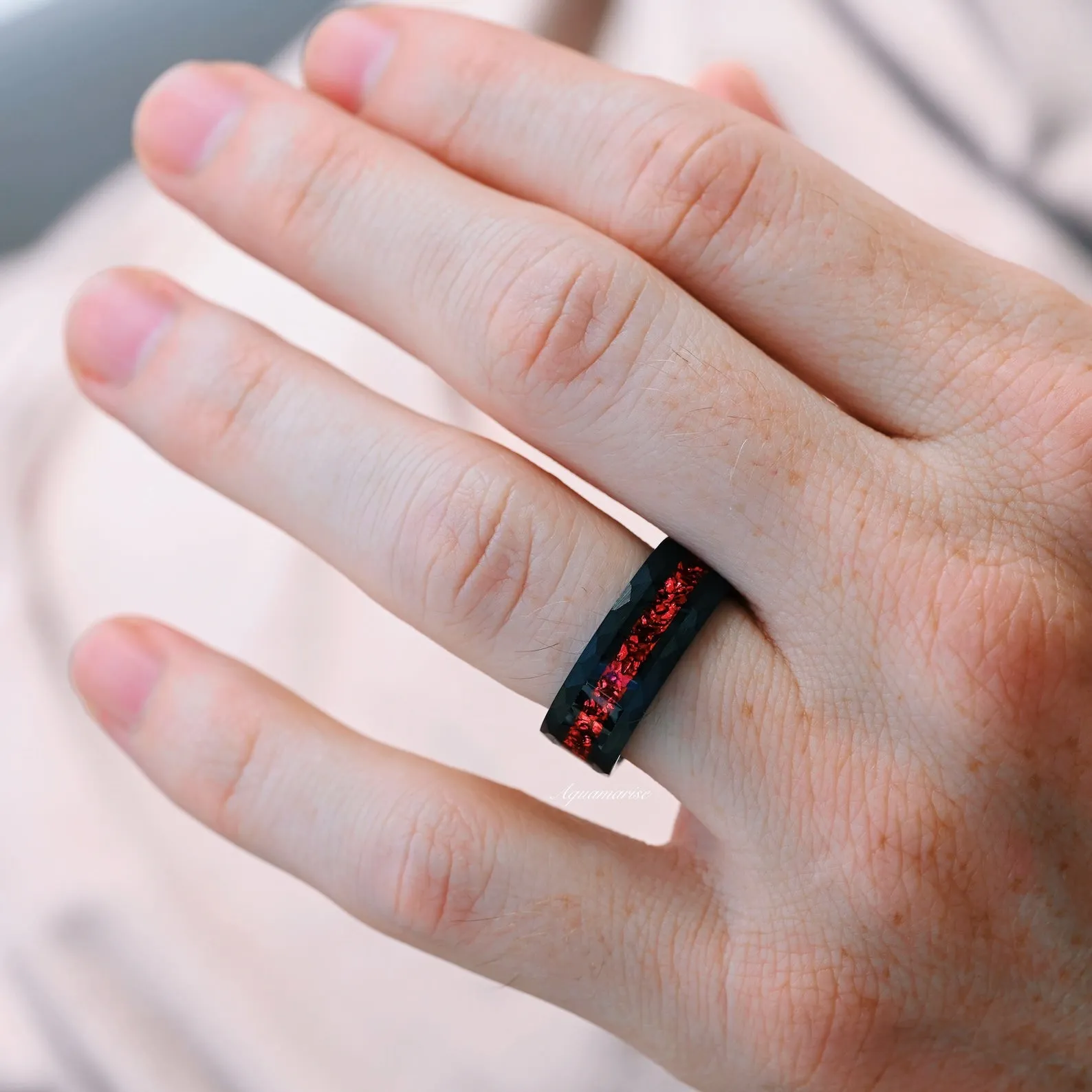 Elegant Black Tungsten Wedding Band with Crushed Red Garnet - 8MM