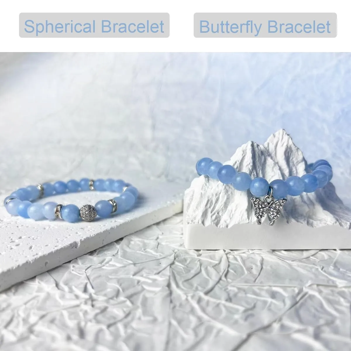 Crystal Bracelet - Healing Aquamarine Bracelet - Butterfly Bracelets for Women - 8mm Natural Stone Beads Chakra Bracelets Couple Bracelets Friendship Bracelet (Aquamarine, Butterfly)