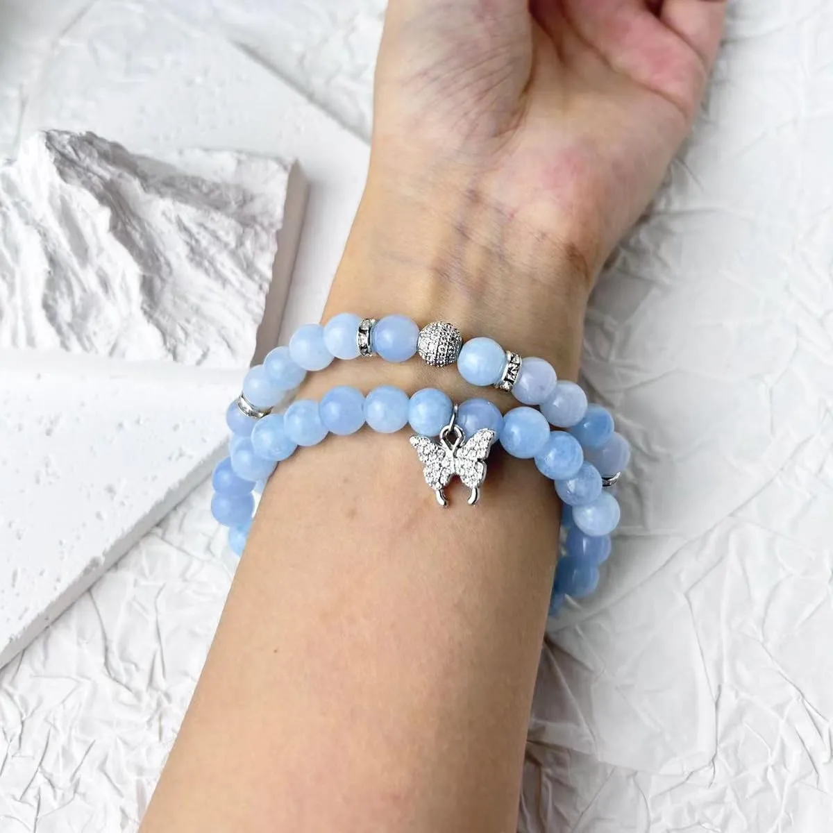 Crystal Bracelet - Healing Aquamarine Bracelet - Butterfly Bracelets for Women - 8mm Natural Stone Beads Chakra Bracelets Couple Bracelets Friendship Bracelet (Aquamarine, Butterfly)