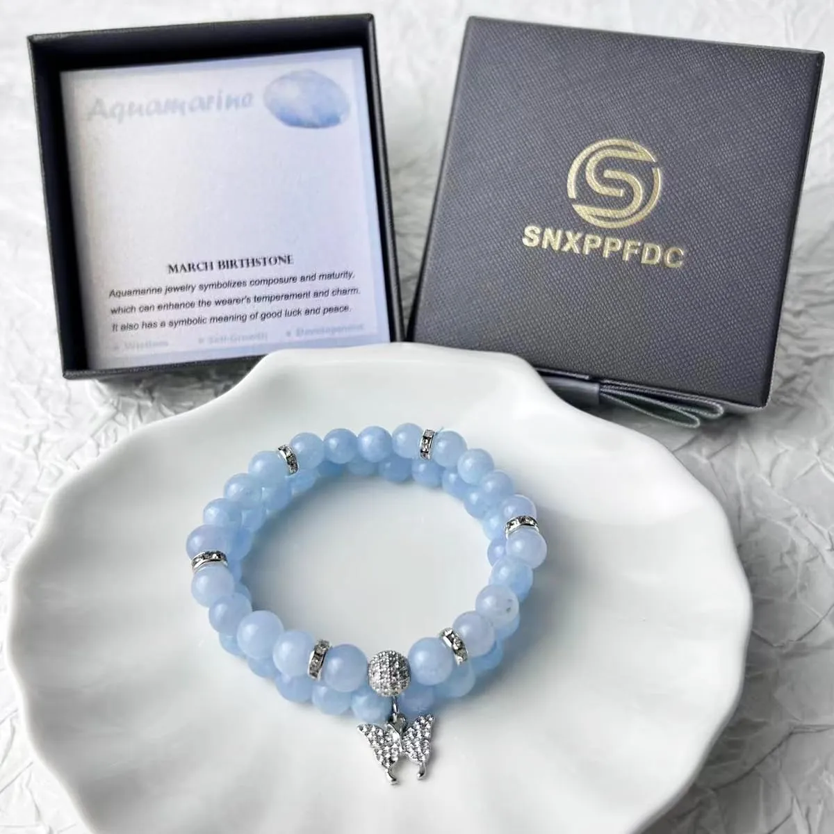 Crystal Bracelet - Healing Aquamarine Bracelet - Butterfly Bracelets for Women - 8mm Natural Stone Beads Chakra Bracelets Couple Bracelets Friendship Bracelet (Aquamarine, Butterfly)