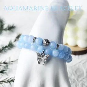 Crystal Bracelet - Healing Aquamarine Bracelet - Butterfly Bracelets for Women - 8mm Natural Stone Beads Chakra Bracelets Couple Bracelets Friendship Bracelet (Aquamarine, Butterfly)