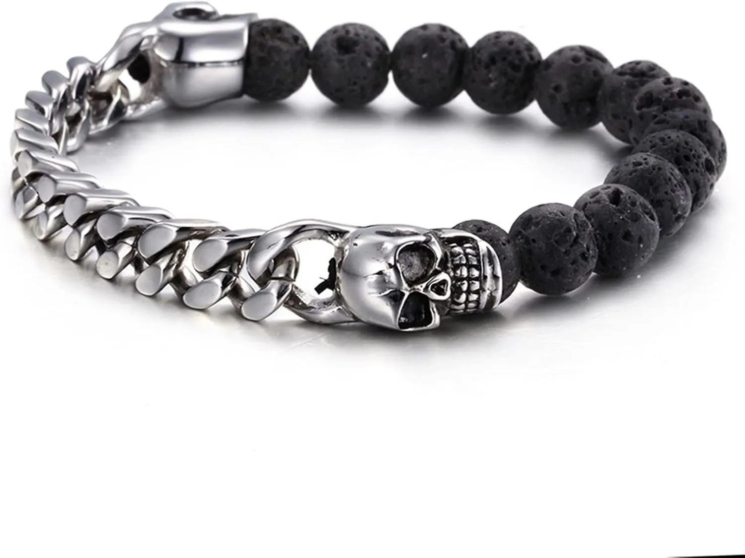 Cute Bracelets for Men Silver, Chain Bracelets Skull and Mala Beads Stainless Steel Mens Bracelets 11mm