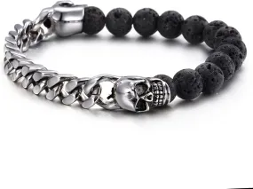 Cute Bracelets for Men Silver, Chain Bracelets Skull and Mala Beads Stainless Steel Mens Bracelets 11mm