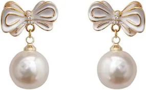 Elegant Bow Pearl Stud Earrings for Women 925 Sterling Silver Post Pearl Bead Dangle Drop Earrings Minimalist Statement Hypoallergenic Ear Jewelry