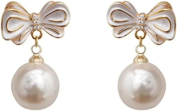 Elegant Bow Pearl Stud Earrings for Women 925 Sterling Silver Post Pearl Bead Dangle Drop Earrings Minimalist Statement Hypoallergenic Ear Jewelry
