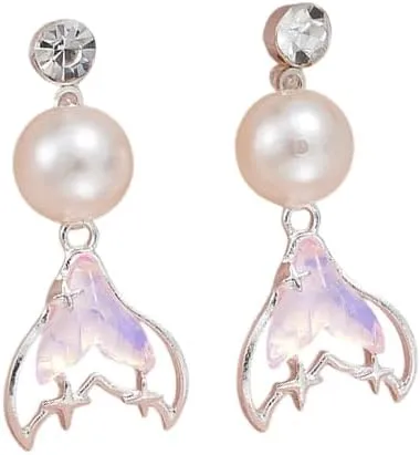 Elegant Pearl & Crystal Mermaid Tail Dangle Earrings for Women – 18K Gold Plated Iridescent Fairycore Drop Earrings, Stylish Fashion Jewelry for Special Occasions & Gifts