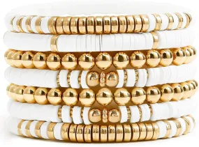 EMUFOOK Gold Beaded Bracelets for Women and Men Bohemian Friendship Bracelets Clay Bracelets Vinyl Disc Stretch Layering Stackable Bead Bracelets Summer Surfer Heishi Beach Jewelry Kit
