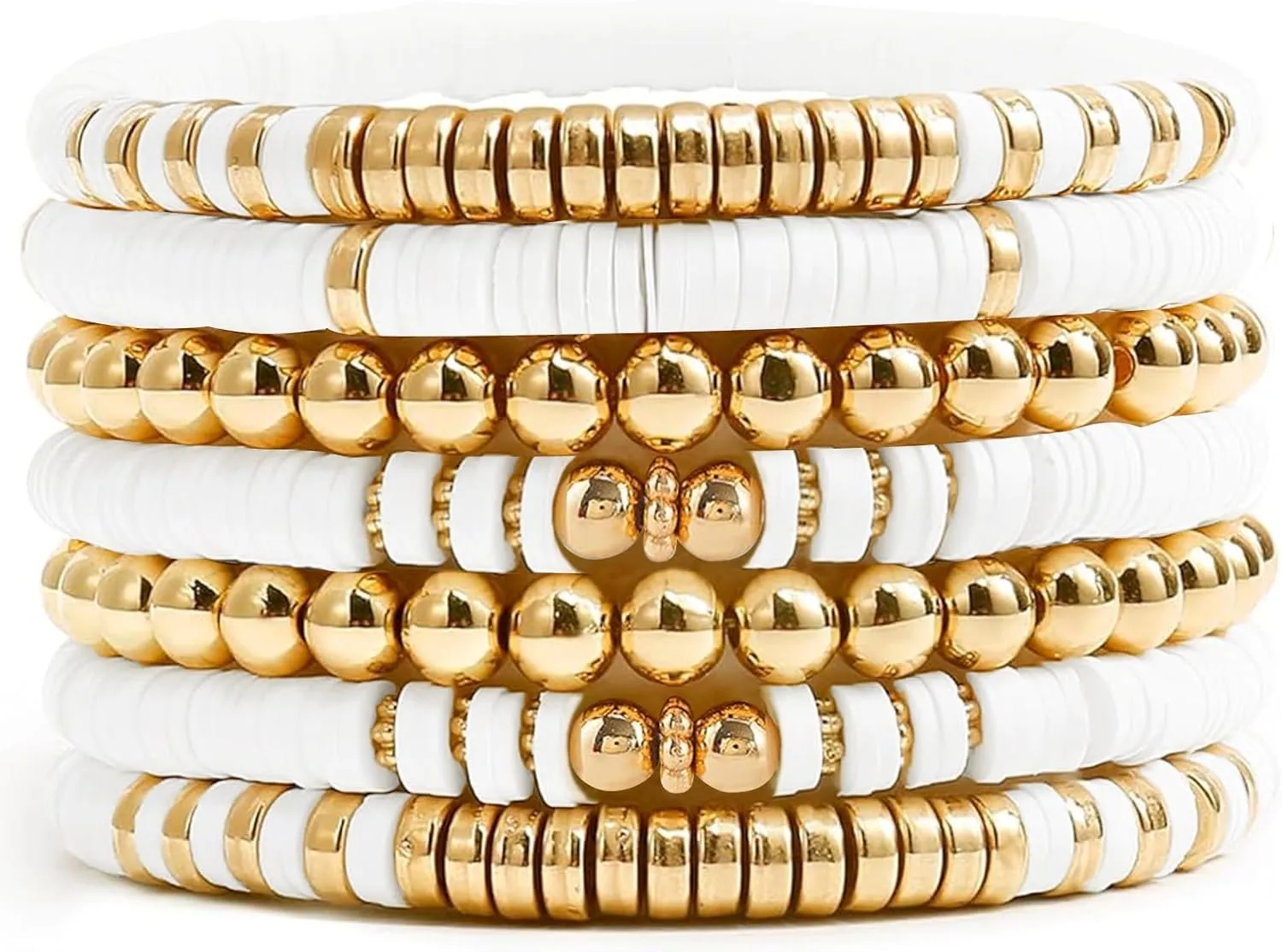 EMUFOOK Gold Beaded Bracelets for Women and Men Bohemian Friendship Bracelets Clay Bracelets Vinyl Disc Stretch Layering Stackable Bead Bracelets Summer Surfer Heishi Beach Jewelry Kit