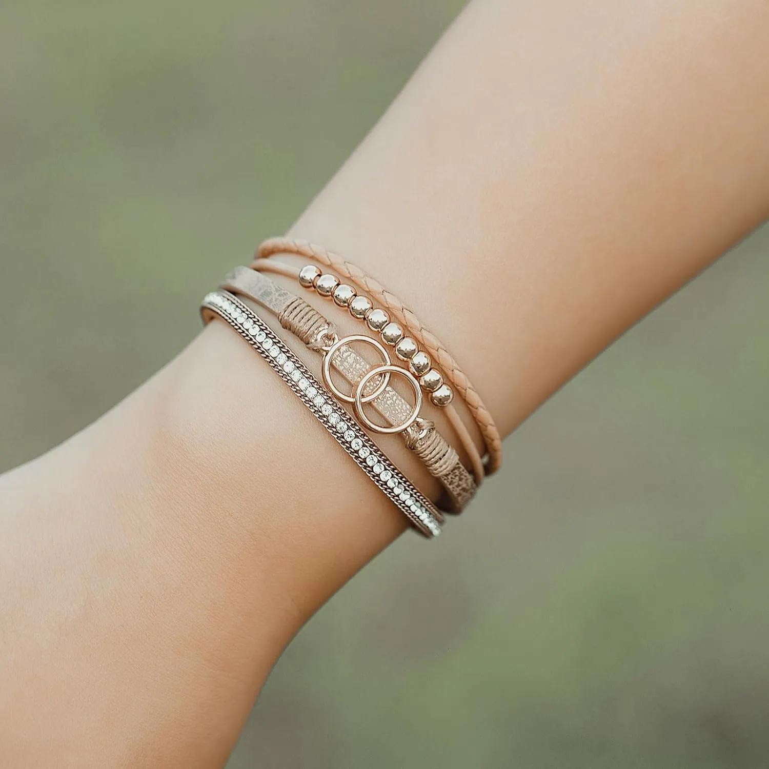 FANCY SHINY Boho Wrap Bracelets Leather Cuff Bangle Gold Beaded Bracelets for Women Stackable Infinity Bracelets Jewelry Gift Mom with Magnetic Clasp
