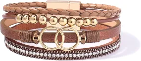 FANCY SHINY Boho Wrap Bracelets Leather Cuff Bangle Gold Beaded Bracelets for Women Stackable Infinity Bracelets Jewelry Gift Mom with Magnetic Clasp
