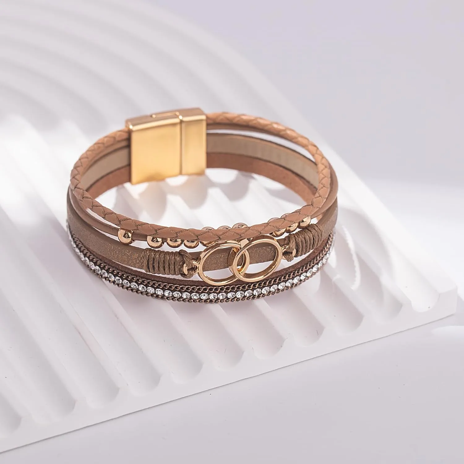 FANCY SHINY Boho Wrap Bracelets Leather Cuff Bangle Gold Beaded Bracelets for Women Stackable Infinity Bracelets Jewelry Gift Mom with Magnetic Clasp