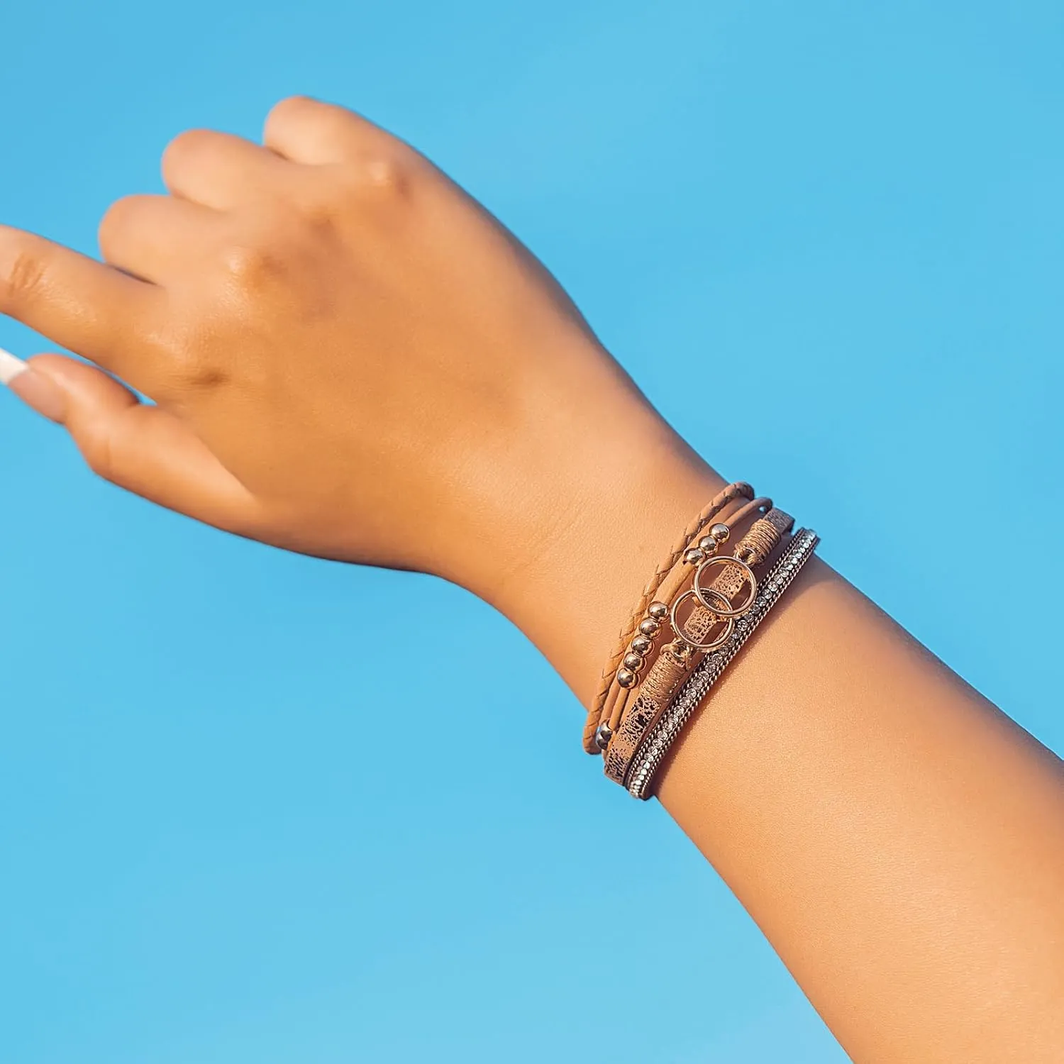 FANCY SHINY Boho Wrap Bracelets Leather Cuff Bangle Gold Beaded Bracelets for Women Stackable Infinity Bracelets Jewelry Gift Mom with Magnetic Clasp