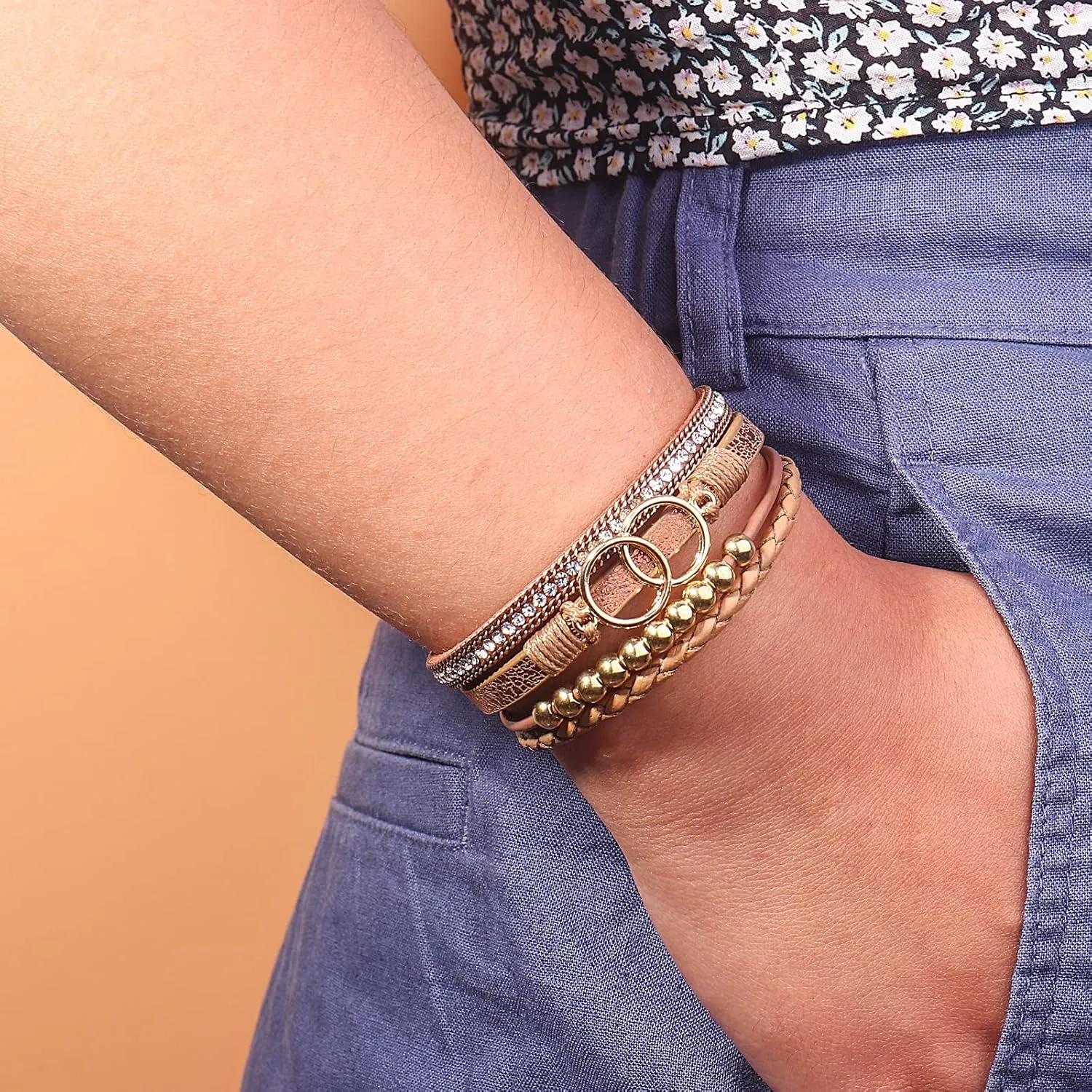 FANCY SHINY Boho Wrap Bracelets Leather Cuff Bangle Gold Beaded Bracelets for Women Stackable Infinity Bracelets Jewelry Gift Mom with Magnetic Clasp