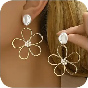 Flower Pearl Earrings for Women Hollow Elegant Dangle Drop Jewelry with Floral Design Spring Accessories