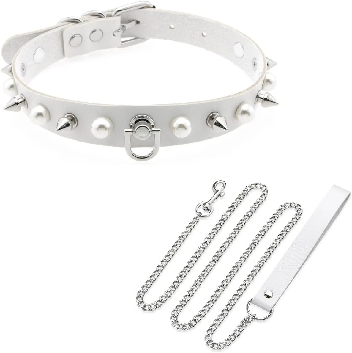 FM FM42 Multicolor PU Leather Simulated Pearls Spikes Rivets Collar Choker Necklace with Detachable Chain Leash