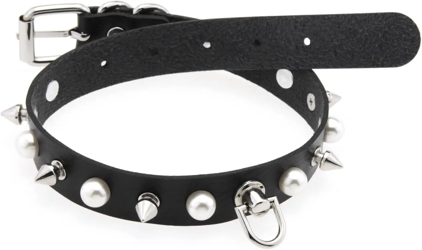 FM FM42 Multicolor PU Leather Simulated Pearls Spikes Rivets Collar Choker Necklace with Detachable Chain Leash