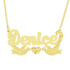 Gold Name Necklace 10k Personalized Nameplates Two Loving Birds with Heart