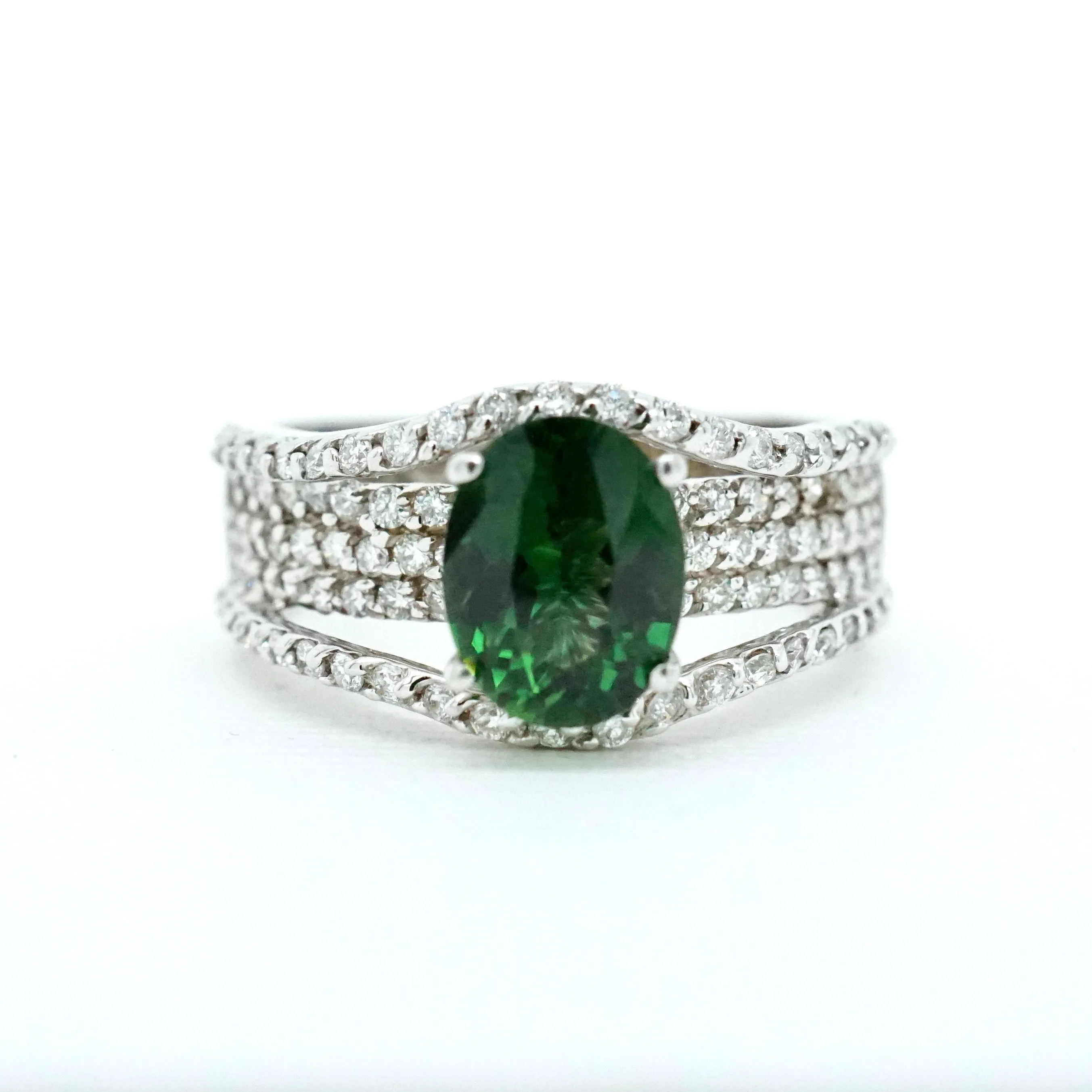 Green Chrome Tourmaline Diamond Ring - Vintage Tourmaline and Diamond Ring