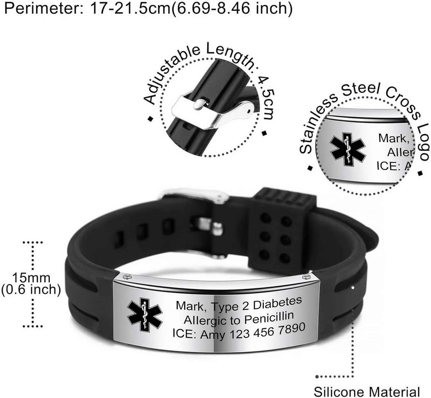 INBLUE Personalized Medical Alert Bracelets for Men Custom ID Bracelets Emergency ID Adjustable Silicone Wristband Bracelets with Engraving Text ID Bracelets for Elderly