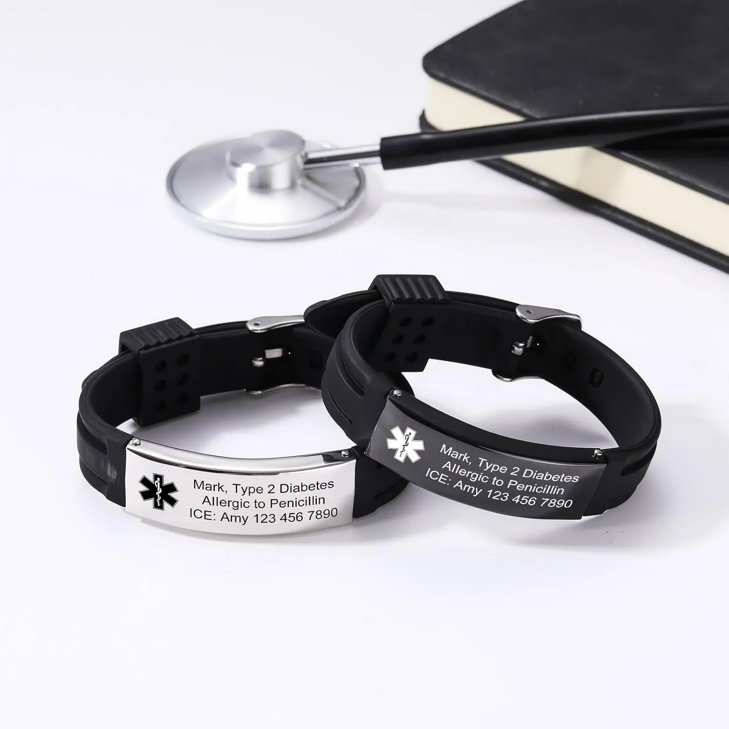 INBLUE Personalized Medical Alert Bracelets for Men Custom ID Bracelets Emergency ID Adjustable Silicone Wristband Bracelets with Engraving Text ID Bracelets for Elderly