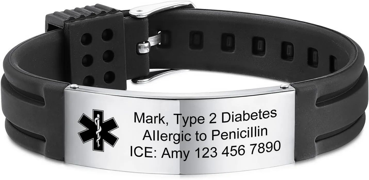 INBLUE Personalized Medical Alert Bracelets for Men Custom ID Bracelets Emergency ID Adjustable Silicone Wristband Bracelets with Engraving Text ID Bracelets for Elderly