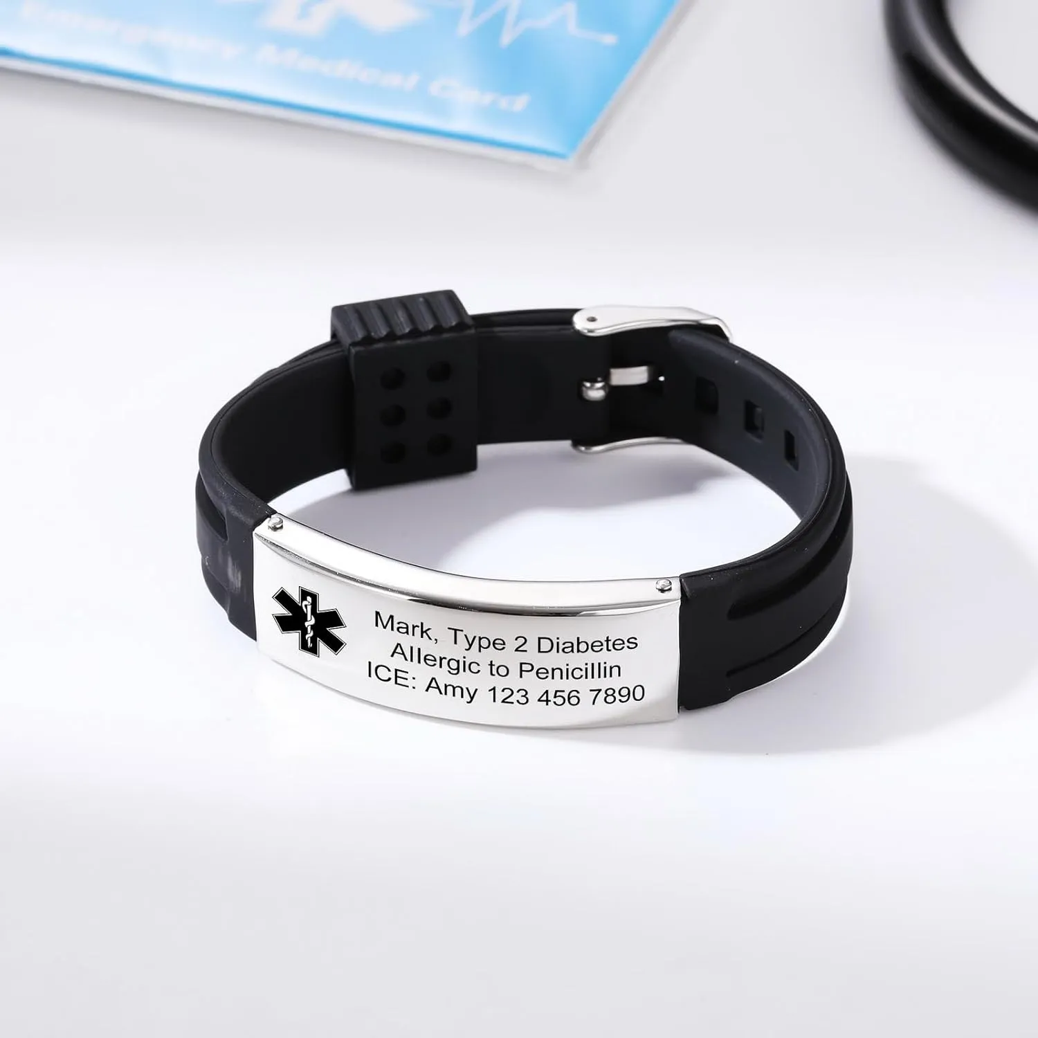 INBLUE Personalized Medical Alert Bracelets for Men Custom ID Bracelets Emergency ID Adjustable Silicone Wristband Bracelets with Engraving Text ID Bracelets for Elderly