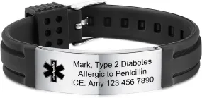 INBLUE Personalized Medical Alert Bracelets for Men Custom ID Bracelets Emergency ID Adjustable Silicone Wristband Bracelets with Engraving Text ID Bracelets for Elderly