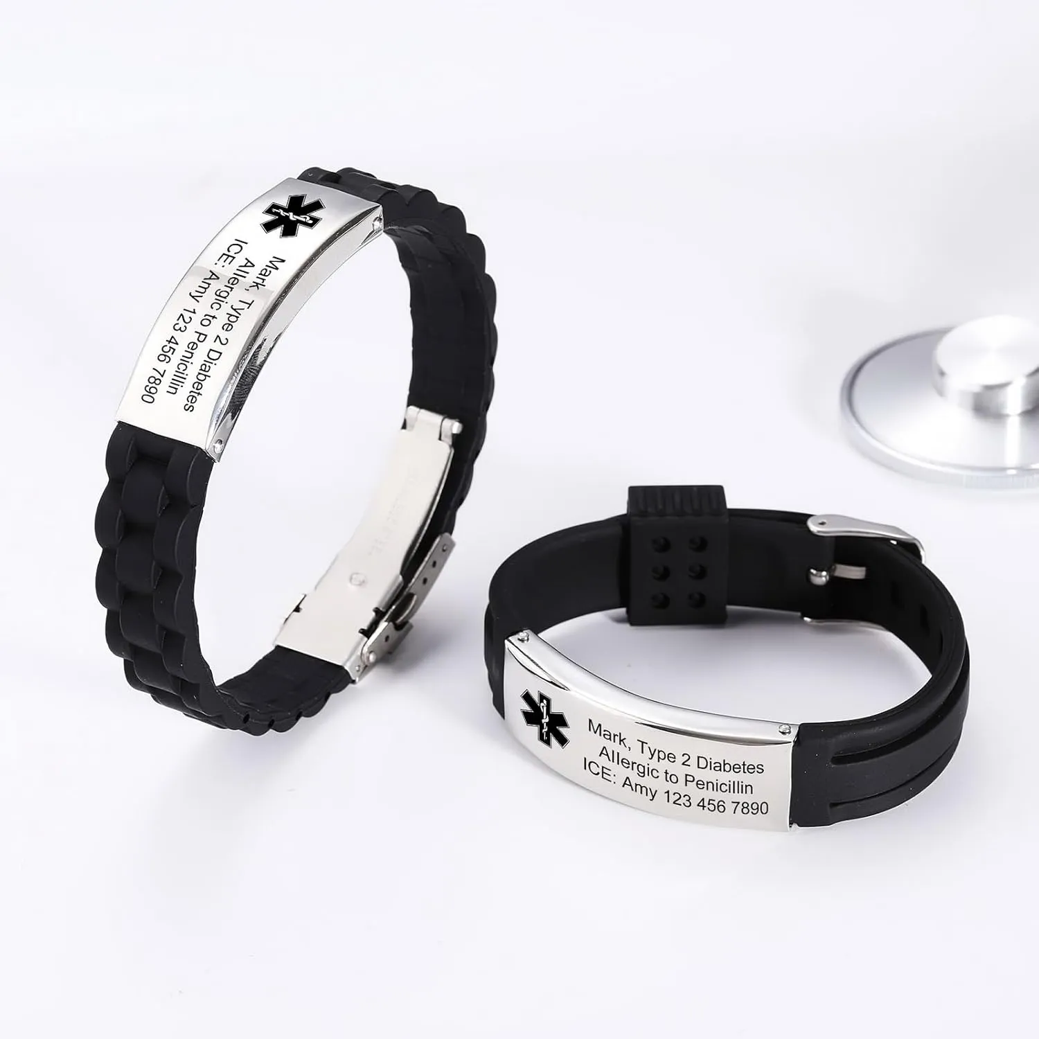 INBLUE Personalized Medical Alert Bracelets for Men Custom ID Bracelets Emergency ID Adjustable Silicone Wristband Bracelets with Engraving Text ID Bracelets for Elderly