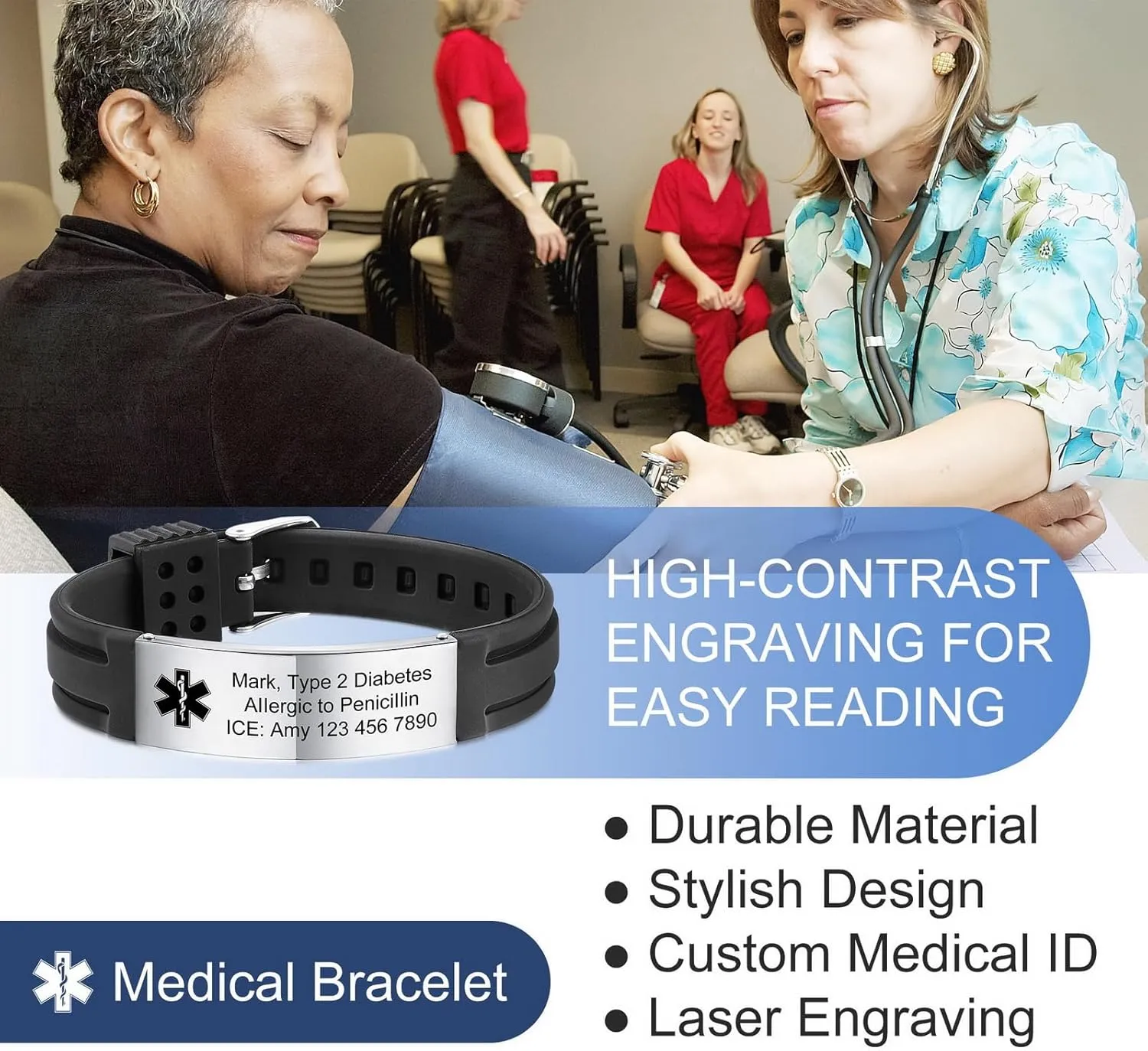 INBLUE Personalized Medical Alert Bracelets for Men Custom ID Bracelets Emergency ID Adjustable Silicone Wristband Bracelets with Engraving Text ID Bracelets for Elderly