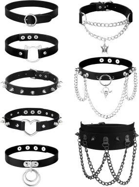 JeryWe 8Pcs Black Goth Choker for Women Leather Gothic Choker Heart Choker Pack Adjustable Cosplay Jewelry Leather Choker Punk Necklace Choker Collar for Women Men