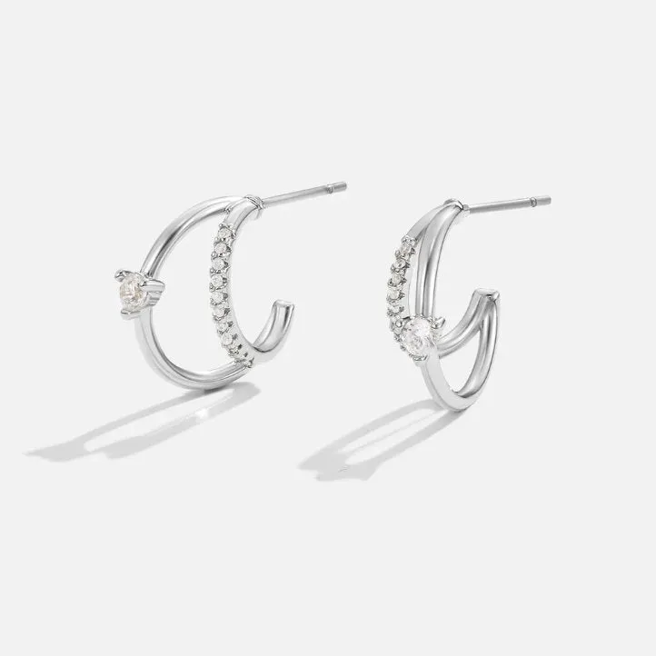 Layered Crystal Silver Hoop Earrings