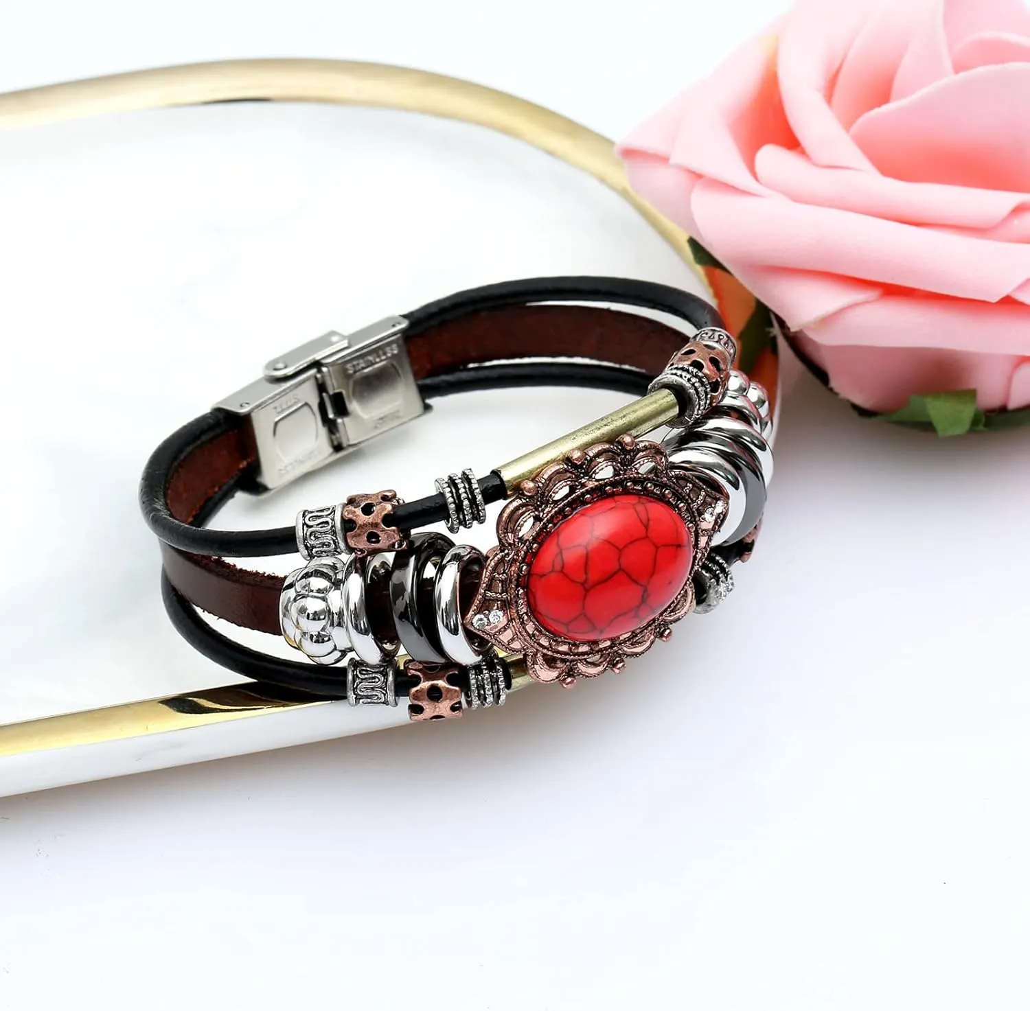 Leather Bracelets for Women Multilayer Bracelets for Women with Genuine Leather Layered Bracelets Boho/Bohemia Style Jewelry for Men and Woman