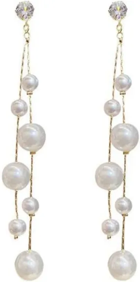 Long Pearl Tassel Dangle Drop Earrings for Women Tiny Rhinestone Crystal Stud Earrings Minimalist Elegant Earrings Hypoallergenic Ear