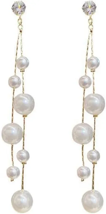 Long Pearl Tassel Dangle Drop Earrings for Women Tiny Rhinestone Crystal Stud Earrings Minimalist Elegant Earrings Hypoallergenic Ear