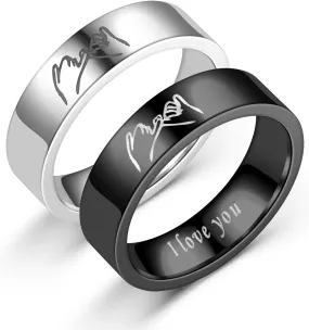 Lovers Rings for Couples, Promise Ring I Love You 2PCS Hand in Hand Chunky for Men Women Wedding Jewelry Gifts