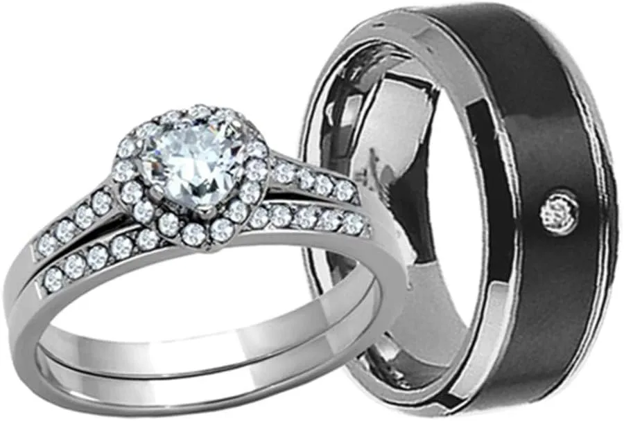 MABELLA His Hers Couple Rings Women's Stainless Steel Heart Cut AAA Cubic Zirconia Wedding Engagement Ring Bridal Sets & Men's Black Titanium Matching Band,Women's Size 5 Men's Size 13
