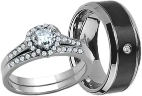 MABELLA His Hers Couple Rings Women's Stainless Steel Heart Cut AAA Cubic Zirconia Wedding Engagement Ring Bridal Sets & Men's Black Titanium Matching Band,Women's Size 5 Men's Size 13