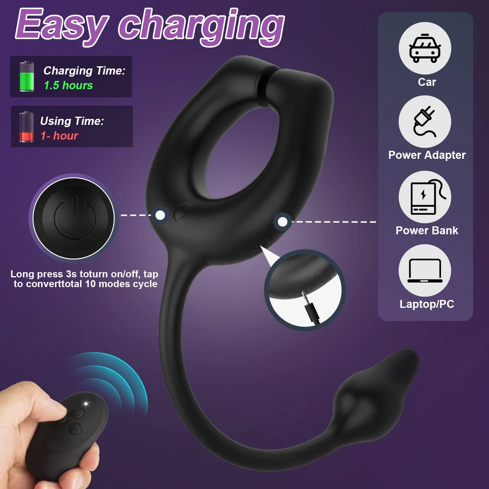 Magnetic Cock Ring with 10 Vibrations