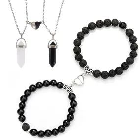 Magnetic Couples Chakra Bracelets, Long Distance Touch Love Bracelets & Necklace, Matching Bracelets for BFand GF, Friends (black&black)