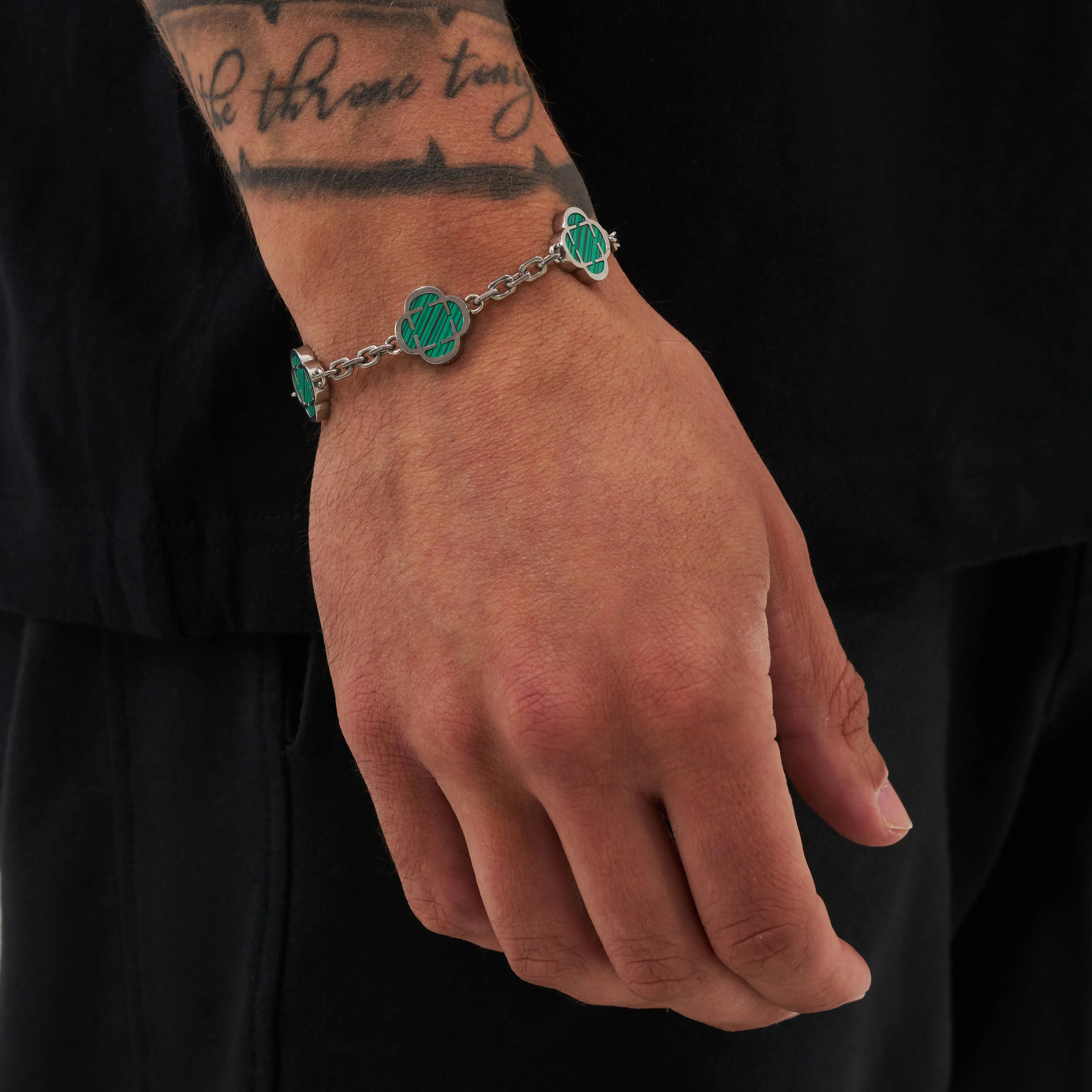Silver Malachite Clover Stone Bracelet - Elegant Design