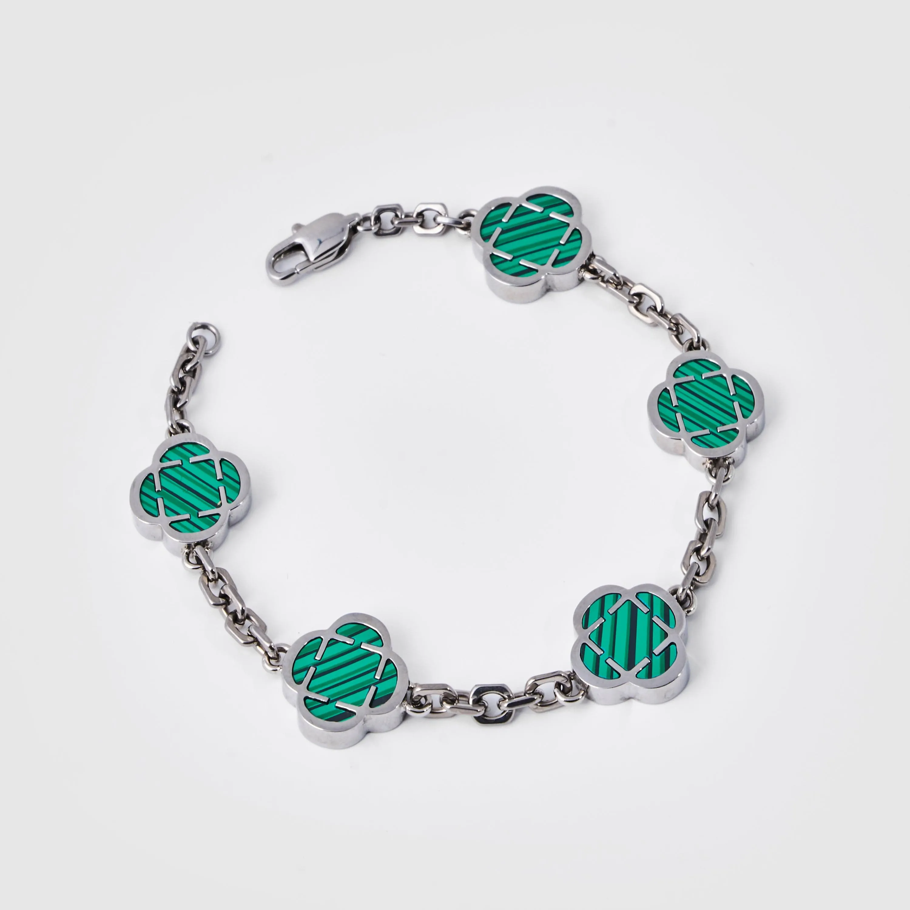 Silver Malachite Clover Stone Bracelet - Elegant Design